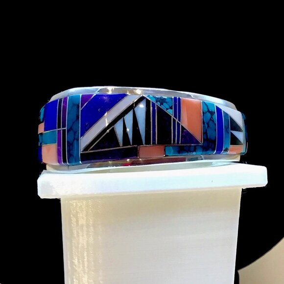 Sterling Silver Multi Stone Inlay Cuff Bracelet Artisan Signed 57.5 Gm Size 6.5